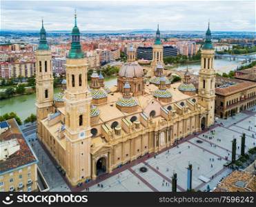 Cathedral Basilica of Our Lady of the Pillar aerial panoramic view, Zaragoza city in Aragon region of Spain