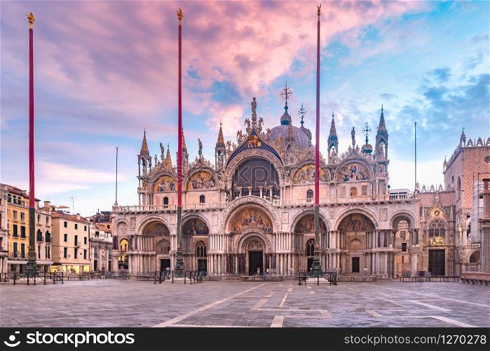 Cathedral Basilica of Saint Mark viewed from Piazza San Marco at sunrise, Venice, Italy.. San Marco square at sunrise. Venice, Italy