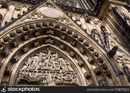 Cathedral church facade closeup view, Prague, Czech Republic. European town, famous place for travel and tourism