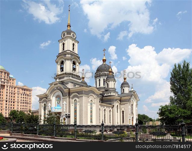 Cathedral in the background moving clouds. Savior Transfiguration Cathedral. Donetsk, Ukraine