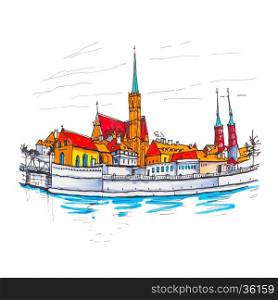 Cathedral Island or Ostrow Tumski with Cathedral of St. John and church of the Holy Cross and St. Bartholomew in Wroclaw, Poland. Picture made markers