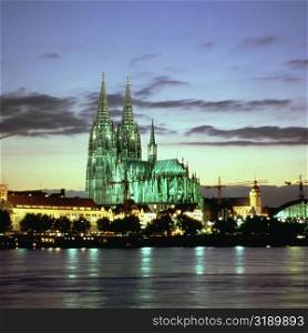 Cathedral lit up at dusk, Cologne Cathedral, Cologne, Germany