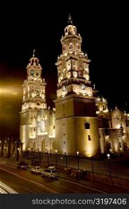 Cathedral lit up at night, Morelia Cathedral, Morelia, Michoacan State, Mexico