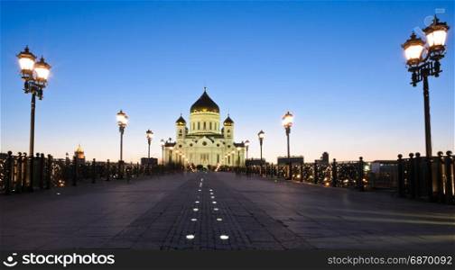 Cathedral of Christ the Saviour illuminated at twilight in Moscow, Russia