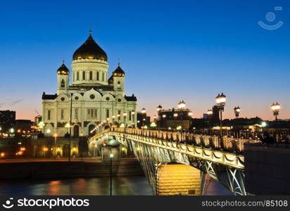 Cathedral of Christ the Saviour illuminated at twilight in Moscow, Russia