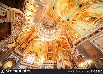 Cathedral of Christ the Saviour. inside of orthodox church fresco on ceiling and walls.
