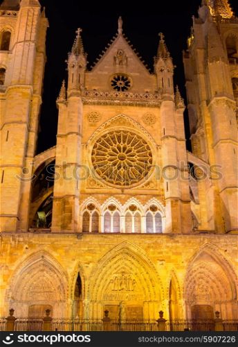Cathedral of Leon sunset facade in Castilla at Spain