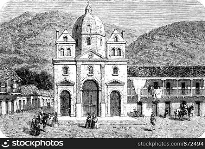 Cathedral of Medellin, vintage engraved illustration. Le Tour du Monde, Travel Journal, (1872).