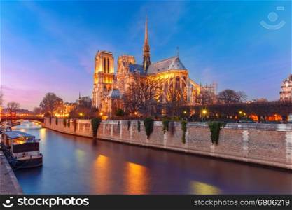 Cathedral of Notre Dame de Paris during evening blue hour, France