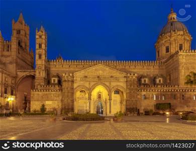 Cathedral of Palermo at sunset in the night lighting. Sicily. Italy.. Palermo Cathedral. Sicily.