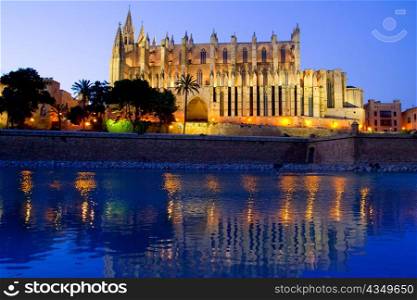 Cathedral of Palma de Mallorca La Seu night view and lake mirrored reflection