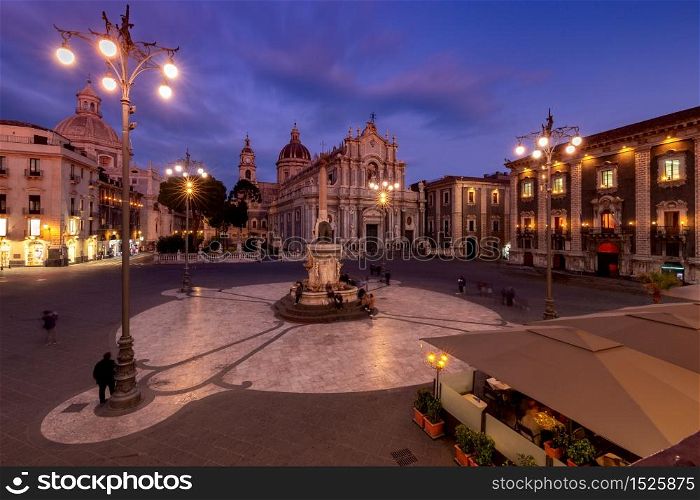 Cathedral of Saint Agatha in the night lighting. Italy. Catania Sicily.. Catania. Cathedral of St. Agatha.