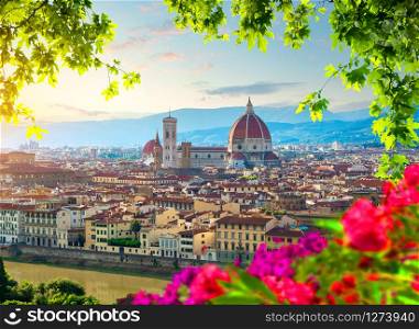 Cathedral of Saint Mary and flowers in Florence, Italy