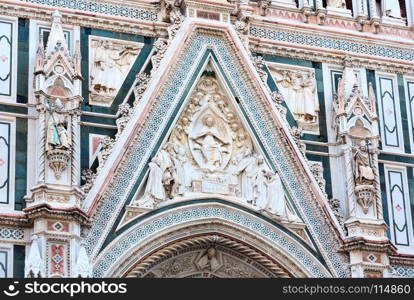 Cathedral of Santa Maria del Fiore (Duomo di Firenze) facade details. Florence the capital city of Tuscany region, Italy. UNESCO World Heritage Site.
