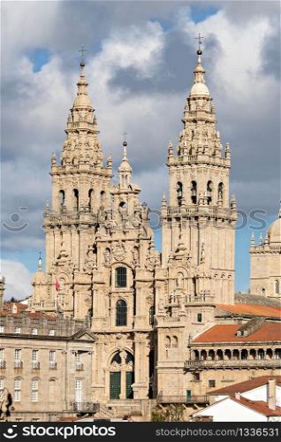 Cathedral of Santiago de Compostela with a new restored facade. Baroque facade architecture. Pilgrimage destiny of St. James way Santiago Galicia Spain