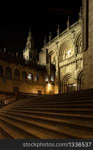 Cathedral of Santiago of Compostela seen from Silversmith Square at night. Romanesque facade