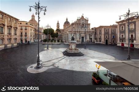Cathedral of St. Agatha and the square in the early morning. Catania Sicily.. Catania. Cathedral of St. Agatha.