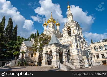 Cathedral of St. Alexander Nevsky with golden domes on a sunny day, Yalta, Crimea.