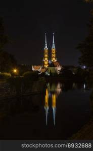 Cathedral of St. John the Baptist in the Tumskoe island in the dark. Wroclaw. Poland