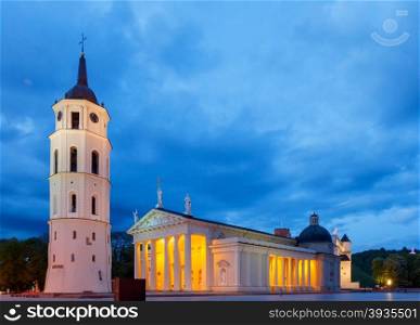 Cathedral of St. Stanislaus and the bell tower in the center of Vilnius at night.. Vilnius. Lithuania. Cathedral Square.