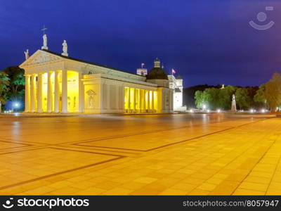 Cathedral of St. Stanislaus and the bell tower in the center of Vilnius at night.. Vilnius. Cathedral of St. Stanislaus in the central square.