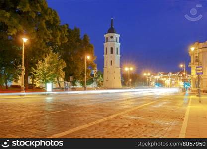 Cathedral of St. Stanislaus and the bell tower in the center of Vilnius at night.. Vilnius. Cathedral of St. Stanislaus in the central square.