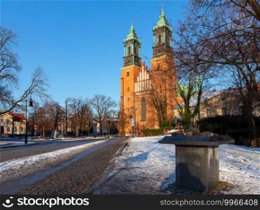 Cathedral of the Blessed Virgin Mary on the island Tumski sunny winter day. Poznan. Poland.. Poznan. Cathedral on Tumskiy Island on a sunny day.