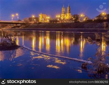 Cathedral of the Blessed Virgin Mary on Tumskiy Island at night. Poznan. Poland.. Poznan. Cathedral on Tumskiy Island at night.