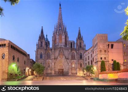 Cathedral of the Holy Cross and Saint Eulalia during morning blue hour, Barri Gothic Quarter in Barcelona, Catalonia, Spain. Barcelona Cathedral in the morning, Spain
