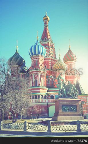 Cathedral on Red Square, Moscow, Russia. Retro style filtred image