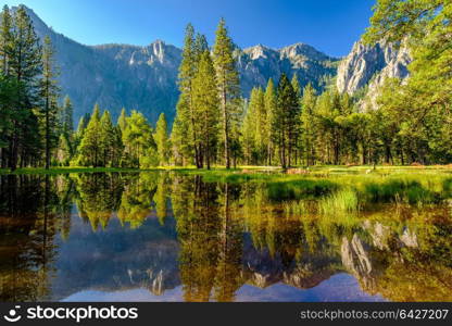 Cathedral Rocks reflecting in Merced River at Yosemite National Park. California, USA.