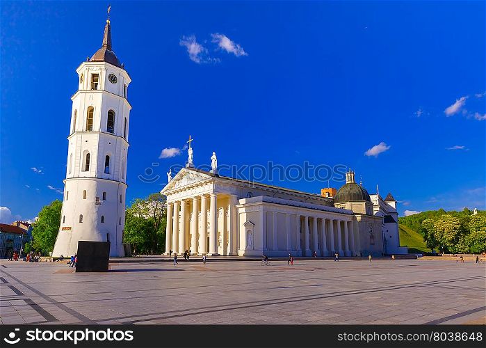 Cathedral Square, Cathedral Basilica of St Stanislaus and St Vladislav and bell tower in the morning, Vilnius, Lithuania, Baltic states.