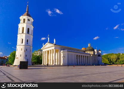 Cathedral Square, Cathedral Basilica of St Stanislaus and St Vladislav and bell tower in the morning, Vilnius, Lithuania, Baltic states.