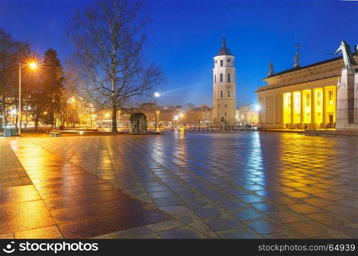 Cathedral Square in the evening, Vilnius.. Cathedral Square, Cathedral Basilica of St Stanislaus and St Vladislav and bell tower during evening blue hour, Vilnius, Lithuania, Baltic states.