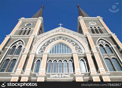 Catholic church with clear blue sky at Chantaburi province, Thailand