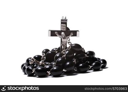 Catholic rosary with a crucifix isolated on white background closeup