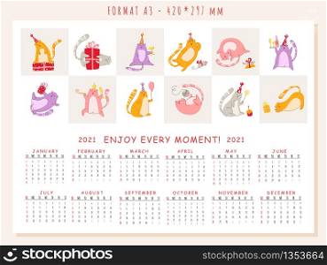Cats birthday party calendar 2021 - funny kitten in festive hat, gift boxes and presents, birthday cake and drinks, big vector planner 12 month pages and cover, cartoon flat characters - template. cats birthday party calendar - vector