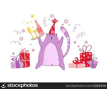 Cats birthday party greeting card - funny kitten in festive hat with gift boxes or presents, birthday drinks, vector isolated cartoon flat character on white background for card, poster, clothes print. cats birthday party set - vector