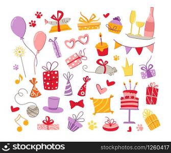 Cats birthday party pets accessories set - gift boxes, food, pillow, fish, mouse, holiday flags and balloons, birthday cake and drinks, vector isolated cartoon flat objects on white background. cats birthday party set - vector