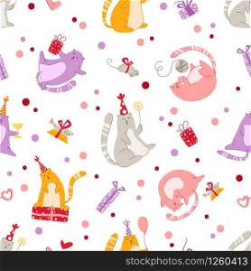 Cats birthday party seamless pattern - funny kitten in festive hat, gift boxes and presents, birthday cake and drinks, vector texture with flat characters on white background for textile, wrapping. cats birthday party pattern - vector