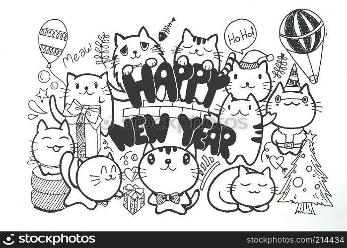 Cats cartoon character, hands drawn doodles set of cutie cats