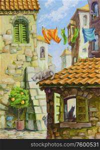 Cats of the Old Mediterranean City. The different cats at the various places of the old Mediterranean city - the narrow streets between the old stone buildings, the orange tiled roof, the interior behind the green shutters.Please rate it if you like it!.
