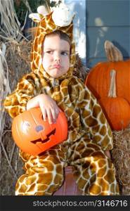 Caucasian Boy Wearing A Giraffe Costume And Frowning On Halloween