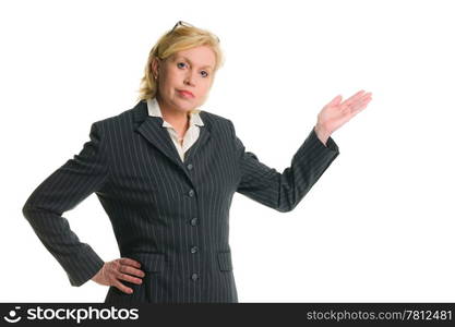 Caucasian businesswoman demonstrate something, white isolated background.