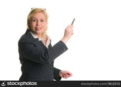 Caucasian businesswoman demonstrate something, white isolated background.