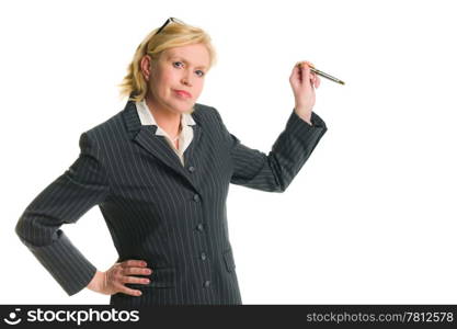 Caucasian businesswoman demonstrate something, white isolated background.