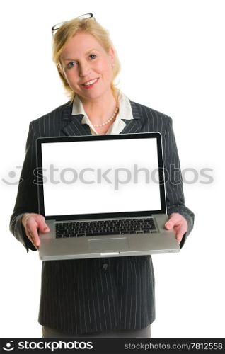 Caucasian businesswoman demonstrate something with laptop, white isolated background.
