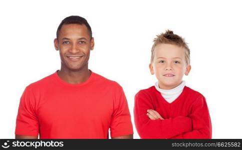Caucasian child with african man in red looking at camera isolated on a white background