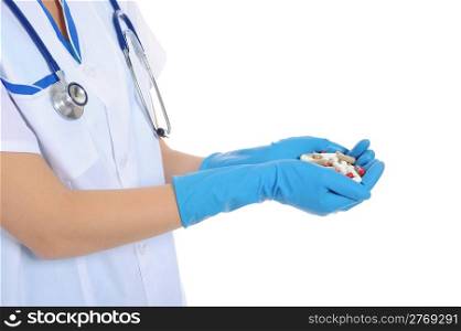 Caucasian doctor holding a pills Isolated on white background