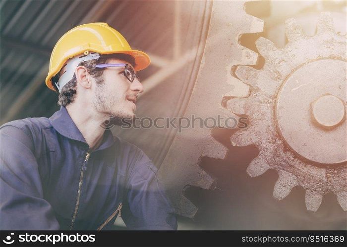 Caucasian Engineer staff worker working overlay with metal gear cogwheel for people run industry banner background.